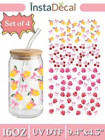 4件套蝴蝶结UV DTF转印贴纸，适用于16盎司Libbey玻璃杯（9.4x4.3英寸），粉色丝带防水自粘杯贴，无需加热即可DIY马克杯和水杯贴纸