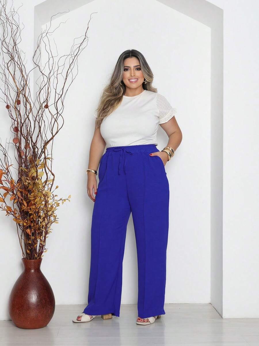 Women's Plus Size Wide-Leg Pants By Duna With Pockets - 寶藍色 - 查看 1