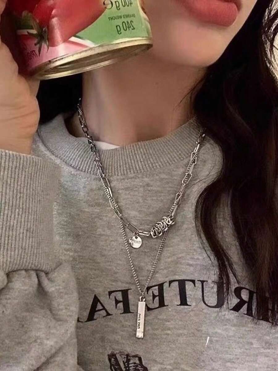 1件双层卫衣项链，女士时尚饰品，高端吊坠项链，秋冬季长款卫衣链 - 彩色 - 查看 1