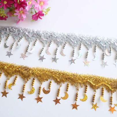 1 Yard Gold Star Rhinestone Decorated Lace Tassel DIY Jewelry Supplies, Tassel Fringe Fabric Decor Accessories