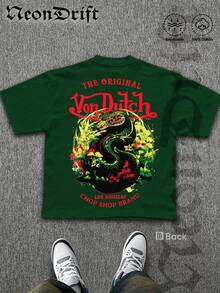 NeonDrift Double-Sided Printing Men's T-Shirt Men's Short-Sleeve T-Shirt100% Cotton Fabric Soft & Skin-Friendly Unisex Style Gifts For Spring Festival, Valentine's Day, St. Patrick's Day & World Cup-Van Dutch Dragon Print Men T Shirt Classic Americana Style Graphic Tee Streetwear Fashion Casual Wear For Car Enthusiasts And Vintage Culture Lovers - 墨綠色 - 查看 3