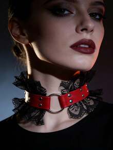 1 件哥特式红黑蕾丝 PU 皮革项圈，铆钉金属环项圈，派对吸睛领饰，节日角色扮演配饰 - 頸部裝飾 - 查看 2