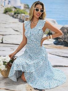 女士夏季波西米亚风印花无袖连衣裙，优雅A字V领荷叶边不对称婚礼宾客礼服 - 藍色 - 查看 5