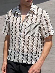 男士休闲短袖衬衫，宽松百搭纽扣上衣 - 杏色 - 查看 2