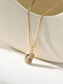 1 chiếc dây chuyền mặt vuông đính đá Zirconia nhiều màu sắc, thời trang, thanh lịch, giản dị, kèm dây vàng. - Vàng - Xem 3