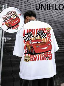 Disney Camiseta de algodón puro de verano versátil y casual con estampado de Racing Master McQueen, adecuada para cualquier lugar - Blanco - Ver 1