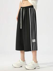Celana Panjang 3/4 Model Lurus Ukuran Besar, Potongan Lurus dengan Bordir, Cocok untuk Musim Panas - Hitam - View 5