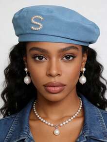 1 chiếc mũ beret nữ màu trơn, trang trí 26 chữ cái bằng ngọc trai, mũ thời trang thường ngày thanh lịch kiểu retro có thể điều chỉnh, quà tặng phong cách đường phố tối giản - Màu xanh bụi bặm - Xem 2