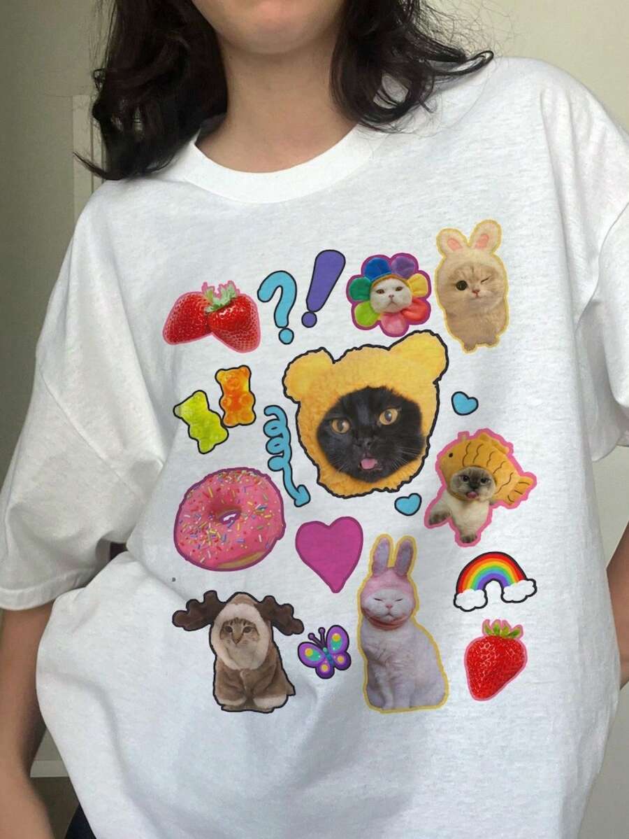 1pc Y2K Silly Cat Shirt 90s Kawaii Aesthetic Cat Meme TShirt, Harajuku Trashy Y2K Kitten Tee, Silly Cats Shirt , Funny Cat Y2K Kidcore Top - 白色 - 查看 1