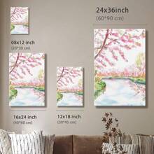 1pc Blue Summer Wall Art, Beach Decor, Ocean Framed Wall Art, Wrapped Canvas Poster Vintage Prints, Tree With Pink Flowers, Body Of Water,  Landscape - Botanical, Watercolor, Realistic, Delicate Style, Home Living Room Bedroom Ofice Wall Decor, Birthday Party Decor, Hanging Hardware Included - Wrapped Framed Canvas, Vertical - Lienzo enmarcado - Ver 10