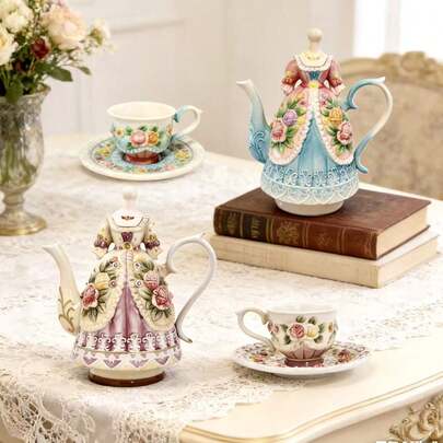 3D Handmade Ceramic Embossed & Painted Rose Teapot With Lid, Coffee Cup & Saucer Set, Victorian Style Desktop Decor, Mother's Day Gift (Teapot Capacity: 1200ml, Cup Capacity: 90ml)