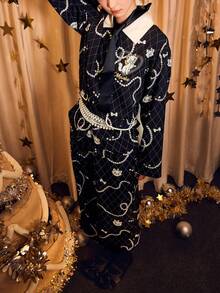 Gongdie Disney 两件套迪士尼玛丽猫印花纯棉长袖睡衣套装，黑色，适合春秋季穿着 - 黑色 - 查看 4