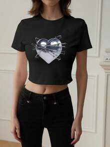 2026夏季新款女士修身露脐上衣，独特设计印花心形图案，朋克街头风休闲圆领T恤 - 黑色 - 查看 3