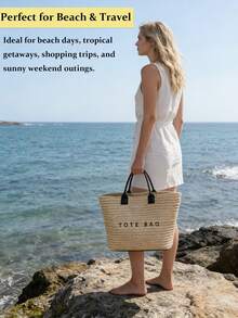 New Fashion Large Capacity Letter Decor Woven Straw Tote Bag, Minimalist Elegant Women Shoulder Handbag, Multi-Functional Commuter Casual Vacation Woven Straw Handbag, New Beach Vacation Shoulder Underarm Straw Large Bag, Eye-Catching Beach Bag Summer, Summer Straw Beach Bag For Women, Suitable For Commuting, Shopping, Beach Vacation And Beach. , Office, Holiday[US Local Warehouse]The Best Gift Choice, Birthday Gift,Holiday Bag - Nhiều màu - Xem 5