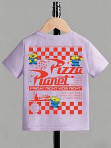 Disney Toy Story Pizza Planet Themed Kids' T-Shirt: Black Base With Double-Sided Print Of 'Pizza Planet' Logo, Aliens And Retro Fast-Food Elements. The  Style Fits Kids' Multi-Scene Daily Wear - 淡紫色 - 查看 3