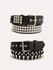 2pcs Unisex Solid Color Punk Style Rivet Sequin Crystal Decor Belt, Suitable For Teenagers, Casual, Outdoor, Sports, Vacation, Travel, Graduation, Birthday, Daily Wear, YK2 Style - Black - View 3