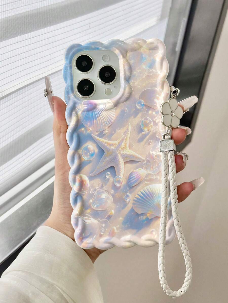 海星印花编织波浪边米色手机壳，带链条，兼容 17/17 Pro/17 Pro Max、16/16 Pro/16 Pro Max、16 Plus、10 系列，防震，时尚可爱设计 - 彩色 - 查看 1