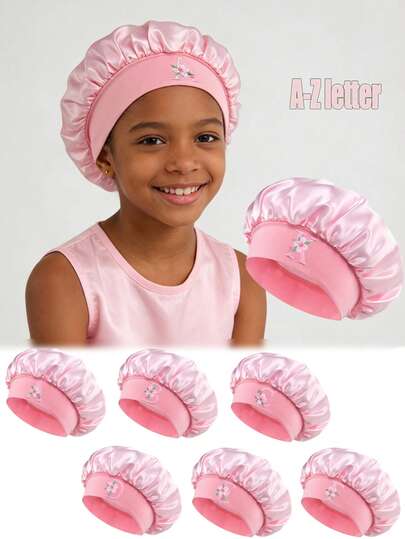 1PC Children's Smooth Satin Bonnet With Letter, Fashionable And Comfortable Sleep Cap, Breathable And Non-Slip, Daily Hair Care Hat