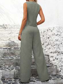 Vacation Casual Solid Color Sleeveless Top And Wide Leg Pants Set - Army Green - View 4