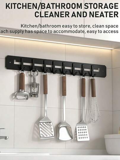 1Pc Minimalist Kitchen Utensil Rack, No Drill Wall Mounted Hooks For Spatula, Whisk, And Cooking Tools, Sleek Black Stainless Steel Organizer For A Clutter-Free Kitchen