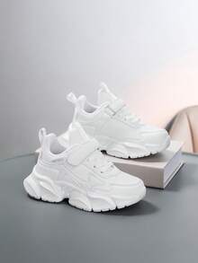 Modne, jednokolorowe, patchworkowe buty sportowe dla dzieci, antypoślizgowe, odporne na zużycie, wygodne, miękkie buty do biegania, lekkie, codzienne buty z zapięciem na rzep, jedna para, odpowiednie dla chłopców i dziewcząt - Biały - Zobacz 1