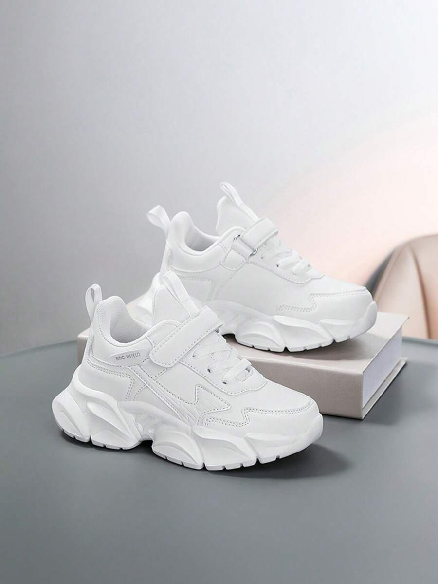 Modne, jednokolorowe, patchworkowe buty sportowe dla dzieci, antypoślizgowe, odporne na zużycie, wygodne, miękkie buty do biegania, lekkie, codzienne buty z zapięciem na rzep, jedna para, odpowiednie dla chłopców i dziewcząt - Biały - Zobacz 1