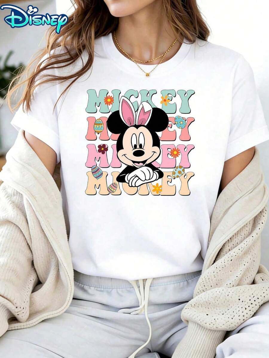 Disney Women's Mickey Mouse Easter Bunny Character Short-Sleeved T-Shirt - Stacked Pastel Name & Easter Egg Theme Round-Neck Top, Soft Cotton Breathable Fabric, Casual Daily Wear, Suitable For Easter Gatherings - 白色 - 查看 1