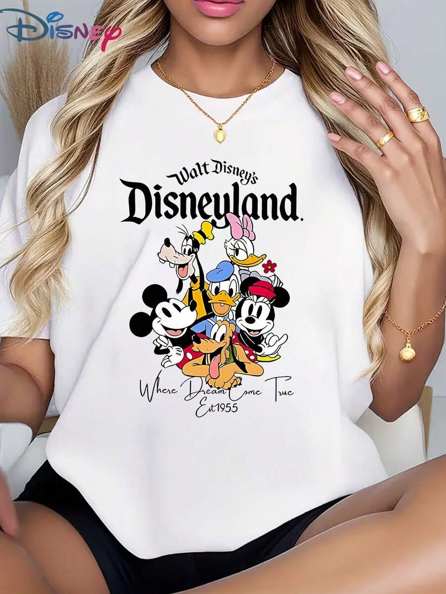 Disneyland Mickey And Friends Women's Short-Sleeve White Cotton Casual Loose-Fitting T-Shirt - 白色 - 查看 1