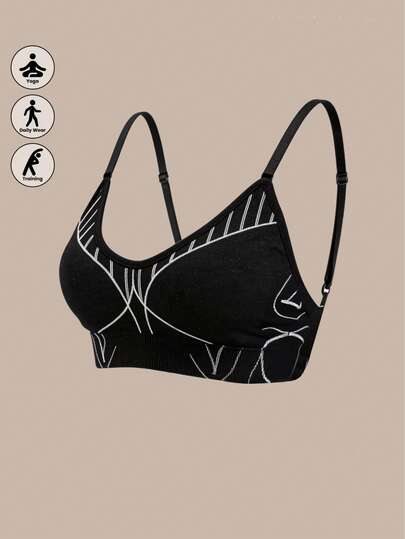 Runway Rest 抽象线条印花运动文胸，无缝无钢圈可调节肩带透气瑜伽运动文胸