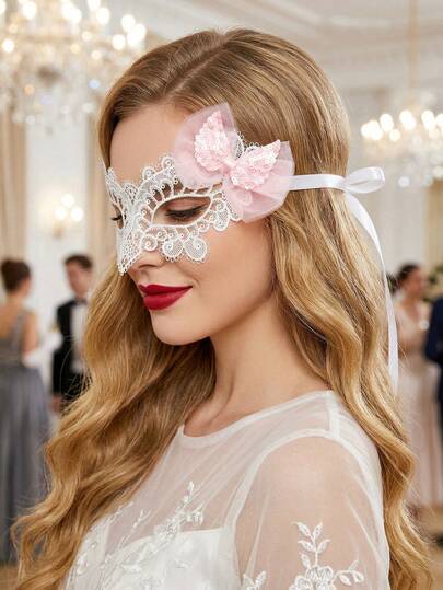 1pc Women's Sequin Bowknot Masquerade Mask, Cute Sweet Retro Lace Party Half Face Mask, Suitable For All Seasons