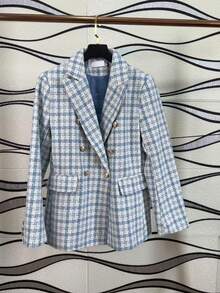 Women's Tweed Plaid Blazer,Casual Elegant Plaid Buttons On The Front Button. - 藍色 - 查看 2