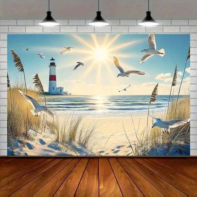 Polyester Party Banner With Coastal Lighthouse And Seagulls, Vibrant Beach Scene Wall Decor, Suitable For Home, Room And Event Decoration, Great For Photo Backdrop And Party Supplies, Seasonal