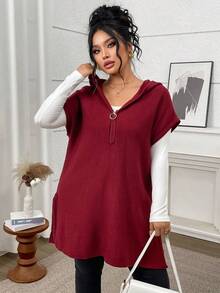 Women's Fashionable Loose Hooded Sleeveless Mid-Length Pullover Spring - Red - View 3