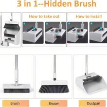 3-In-1 Broom And Dustpan Set, Combines Broom, Dustpan And Hidden Floor Brush, 180° Rotation For Thorough Cleaning, Auto-Retract Design To Prevent Leakage, Can Remove Hair Without Hand-Pulling, Foldable And Upright Storage To Save Space, Making Home Cleaning More Efficient And Convenient. - Triple - View 6