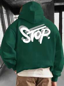 Moletom masculino de algodão com ombros caídos, estilo urbano com estampas exclusivas, tecido grosso casual para outono/inverno, extra quente com forro de lã, modelagem solta. - Cebola verde - Ver 4