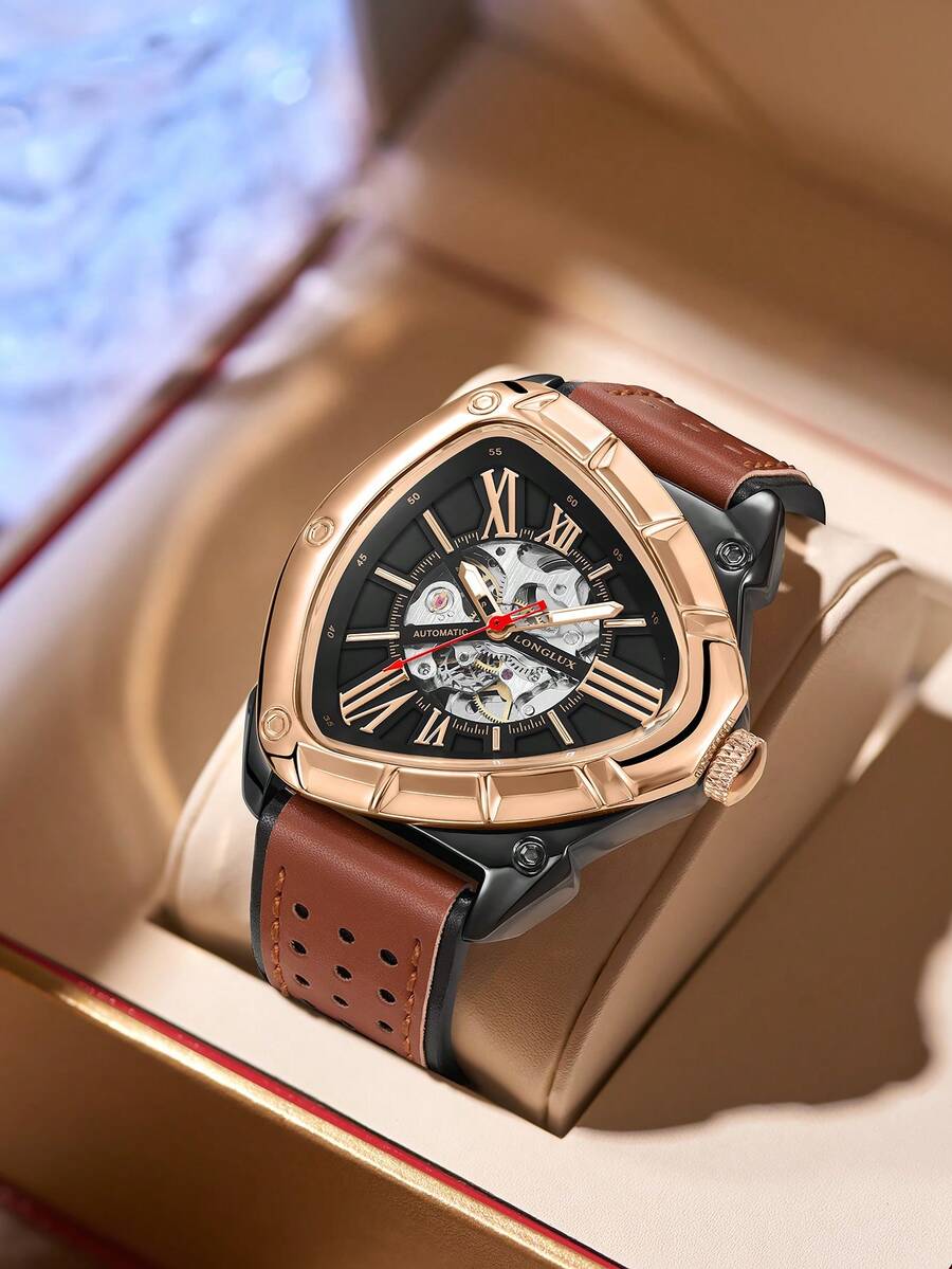1pc Men's Automatic Mechanical Watch, Black & Gold Contrast, Hollow Triangular Design, Dual-Layer Leather Strap, Personalized Wristwatch For Daily Wear