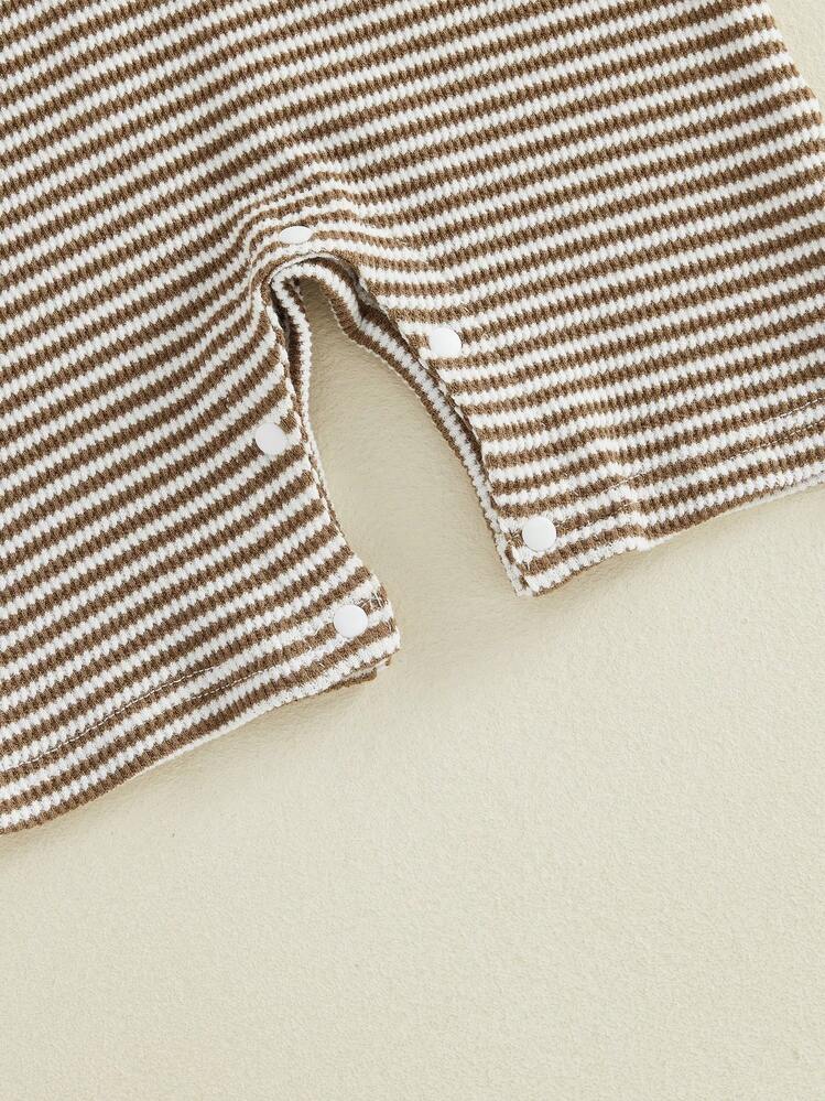 Baby Boy Summer Romper Casual Stylish Sailboat Embroidered Striped Button Short Sleeve Infant Jumpsuit - Café integral - Añade 7