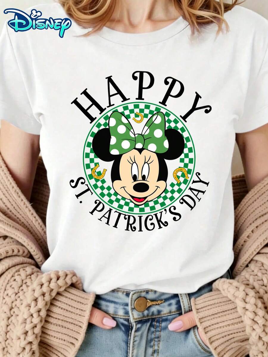Disney Women's Minnie Mouse St. Patrick's Day Polka Dot Bow Short-Sleeved T-Shirt - Lucky Theme Round-Neck Top, Soft Cotton Breathable Fabric, Casual Daily Wear, Suitable For Parade & Leisure - White - View 1