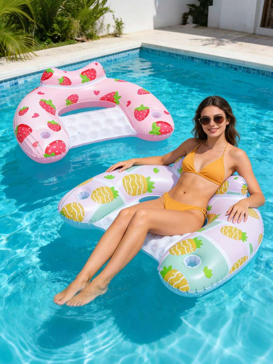 1 pieza Tumbona inflable en forma de U, con elementos temáticos de fresa y piña, portavasos, material de PVC, apto para actividades acuáticas, piscina, playa, fiestas temáticas, flotador inflable para el agua, cama flotante inflable para piscina. Se necesita comprar una bomba de inflado por separado. - Sillón reclinable en forma de U con forma de fruta - Ver 1