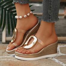 New Plus Size Women Comfortable Minimalist Parallel Rhinestone Transparent Double Strap Open Toe Wedge Heel Slides Sandals, Casual Fashion Vacation Beach Summer Shoes - Champagne - View 2