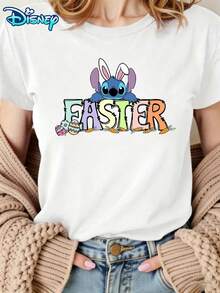 Disney Women's Stitch "Easter Bunny" Pastel Typography Short-Sleeved T-Shirt - Easter Egg & Carrot Theme Round-Neck Top, Soft Cotton Breathable Fabric, Summer Casual Style, Suitable For Easter Celebrations - trắng - Xem 2