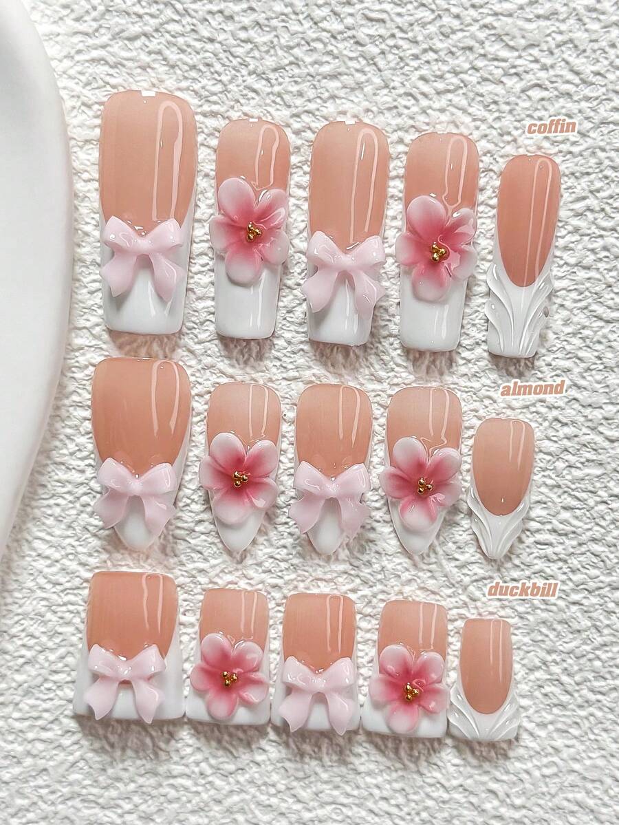 10Pcs Warm Spring Day Style Polygel Nail Set,Acrylic Press-On Nails,Light Pink 3D Bow Nail Art Accessories,Hand-Pinched Five-Petaled Gradient Pink Flower,White Nail Polish,Great Gift For Ladies And Girls Press On Nails,Comes With Nail Tools(1 Sheets Jelly Stickers+1PC Nail File)3 Sizes Available,Almond Nails, Duck Nails,Coffin Nails - 彩色 - 查看 1