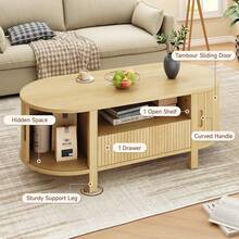 ONBRILL Oak Oval Coffee Table, 47 Inch Fluted Coffee Tables With Cabinets & Sliding Doors, Mid-Century Modern Living Room Tables, Center Table With Storage And Wood Handle For Living Room, Home Small Space - cây sồi - Xem 5