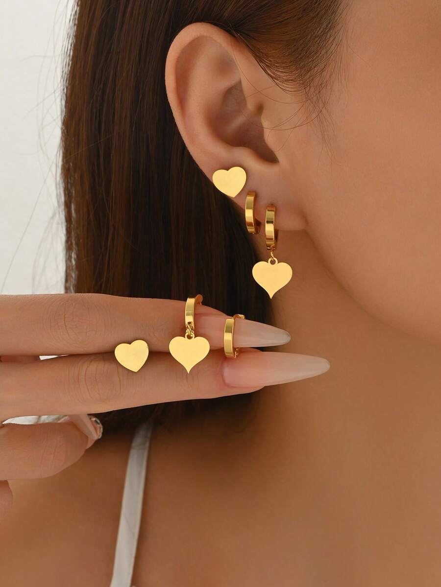 3 pares de pendientes de acero inoxidable con forma de corazón minimalista, joyas elegantes y versátiles adecuadas para fiestas - multicolor - Ver 1