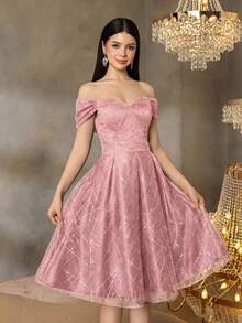 Alisa&Leo Shiny Off-Shoulder Mid-Length Party Dress - Suitable For Summer Galas, Graduation Dances And School Formal Events - Pink - View 5