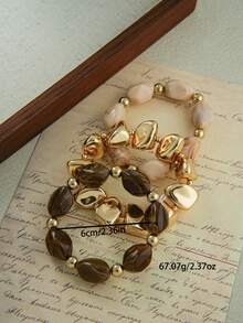 LADYCOCO Set 3 Gelang Manik Akrilik Warna Kopi Elegan Bergaya Vintage, Cocok untuk Pemakaian Sehari-hari Wanita dan Pasangan - MultiWarna - View 2