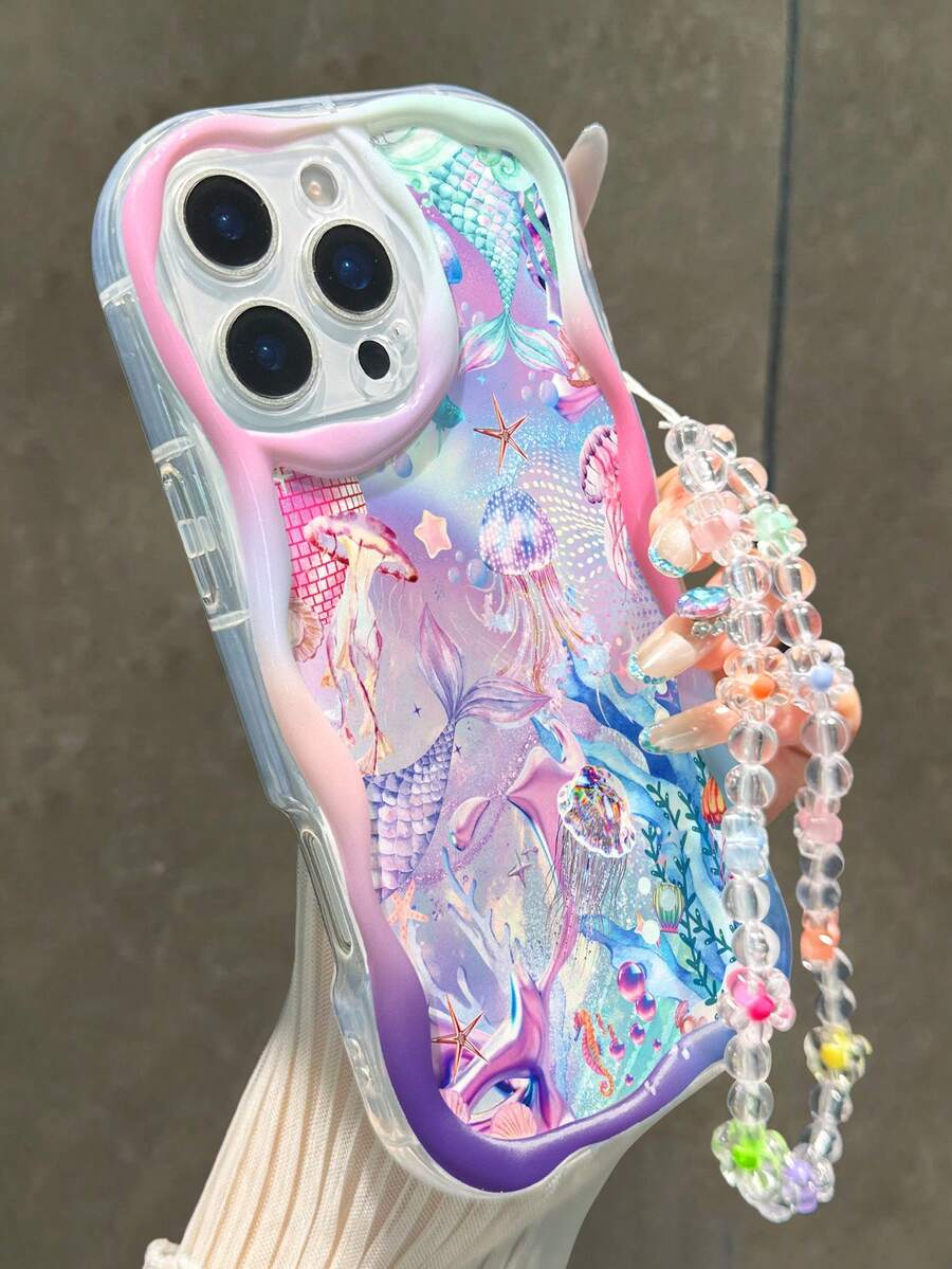 海洋生物印花奶油色波浪边手链式防震加厚手机壳，兼容 17/17Pro/17ProMax、16 XR/7/8、15 ProMax、12 ProMax、13 ProMax、14 ProMax、13、14、11、12P、14P、11P、12P、XS、XR、7/8P、7/8GES2、A13 4G、A22、A21S、A51 4G、A52、S22 Ultra、A33 5G、A34、A35、10、Note 11 4G、11 Lite、A53、A14、A23、S23 Ultra、S24、A14、A15、S23、A73、A55、A54等手机，国际版。不是国内版本 - 彩色 - 查看 1