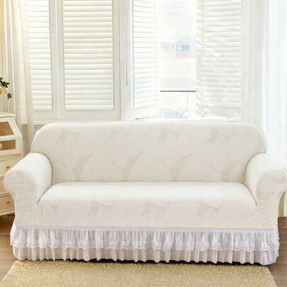 1pc Ruffled White Jacquard Stretch Sofa Cover, Thick Elastic Slipcover For 1/2/3/4 Seater Sofa, Lace Trim, Soft Fabric For Living Room, Bedroom, Study