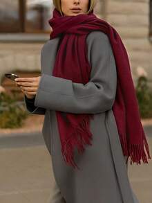 Plain Thick Winter Pashmina Scarf 250g With Fringe, Unisex, Soft And Warm - Burgundy - View 4