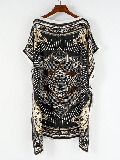 1pc Women's Vintage Chain Print Pattern Faux Silk Pullover Long Robe Shawl, Spring/Summer Beach Vacation Casual Bikini Cover Up